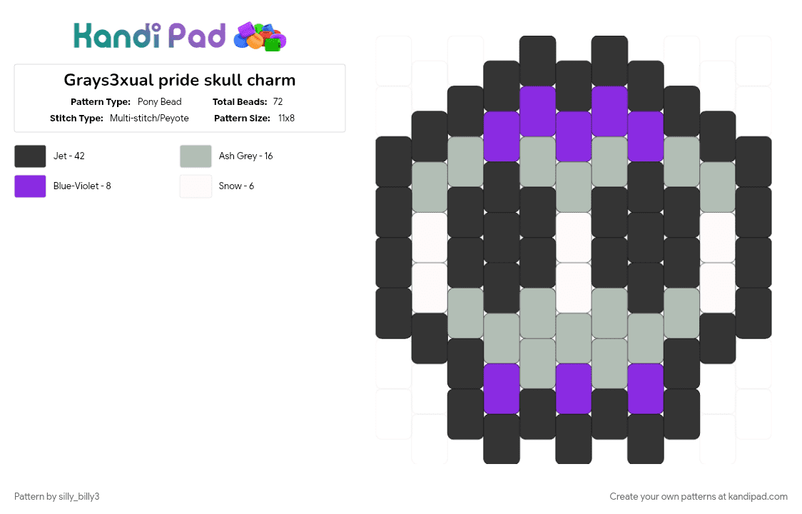 Grays3xual pride skull charm - Pony Bead Pattern by silly_billy3 on Kandi Pad - asexual, beige, black, charm, graysexual, pride, pride flag, purple, skull, spooky