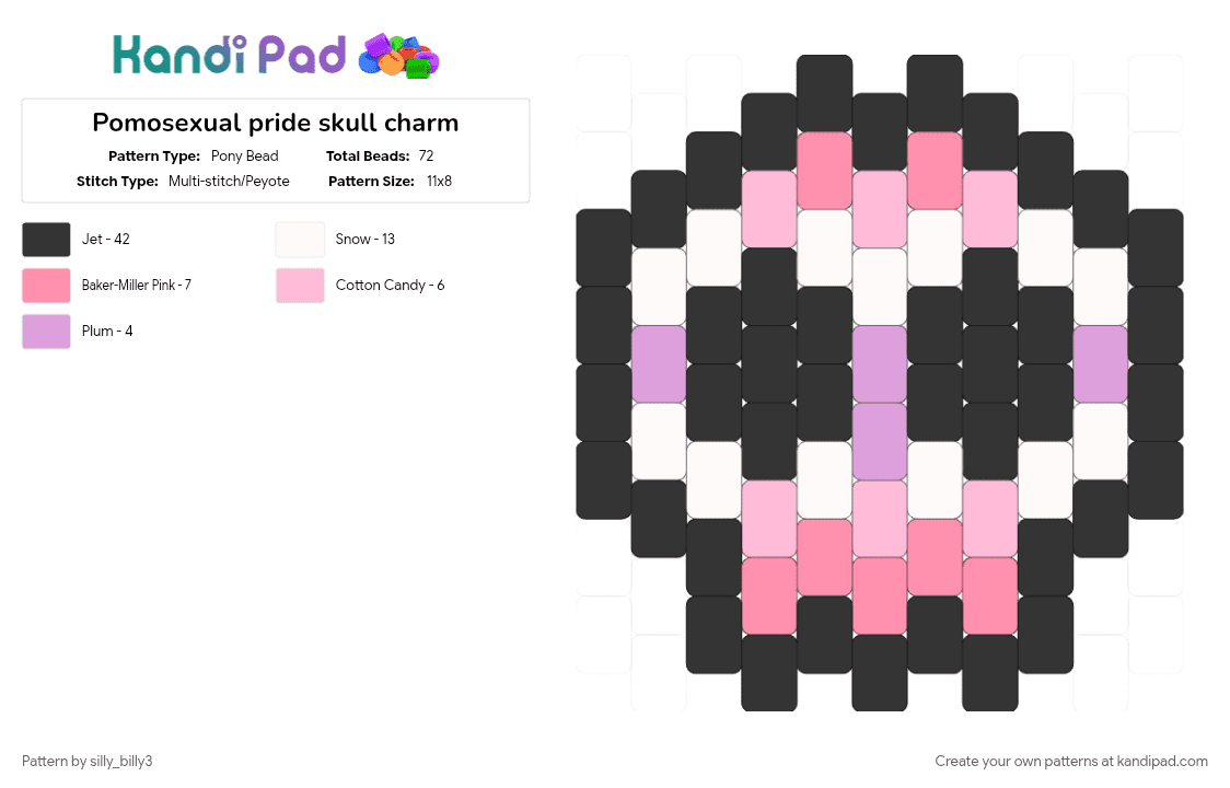 Pomosexual pride skull charm - Pony Bead Pattern by silly_billy3 on Kandi Pad - charm, lgbtq, pink, pomosexual, pride, skull, white