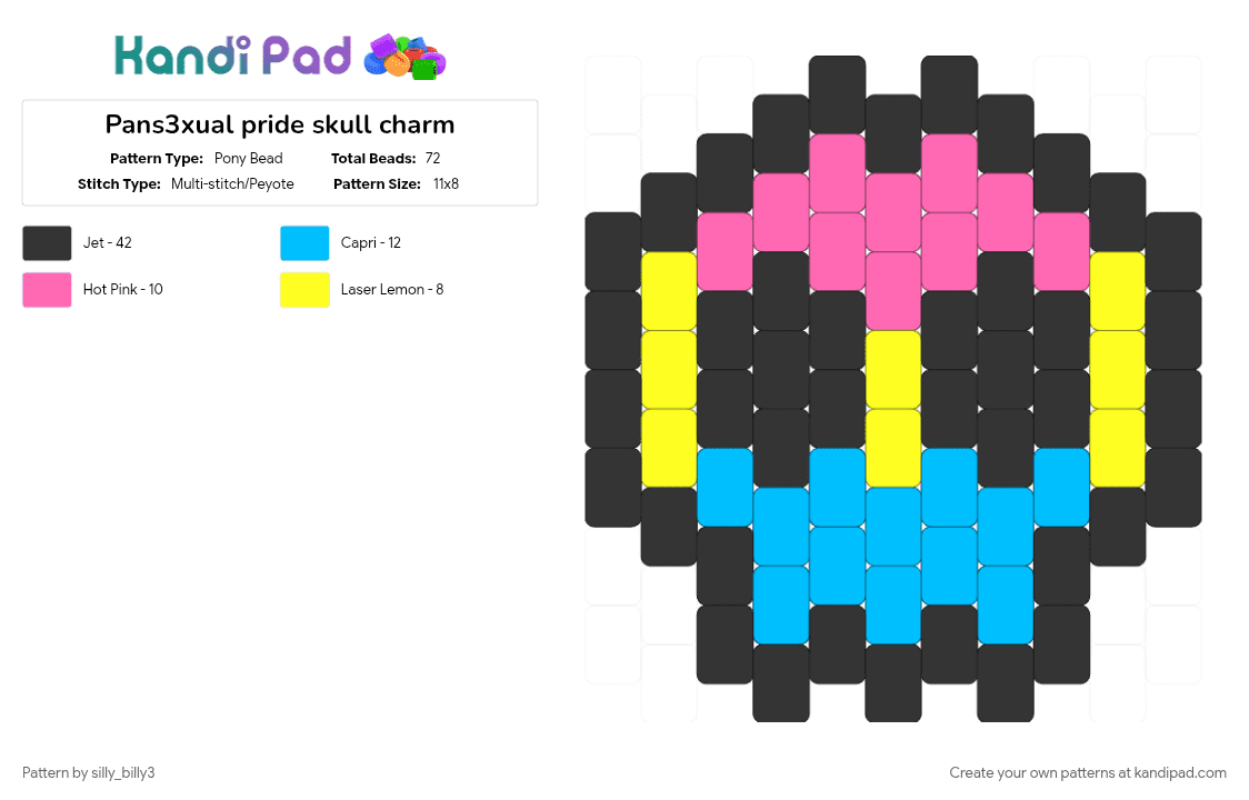 Pans3xual pride skull charm - Pony Bead Pattern by silly_billy3 on Kandi Pad - black, charm, light blue, love, pansexual, pink, pride, pride flag, skull, spooky