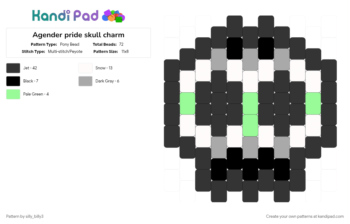 Agender pride skull charm - Pony Bead Pattern by silly_billy3 on Kandi Pad - agender, beige, black, charm, lgbtq, pride, skull, teal