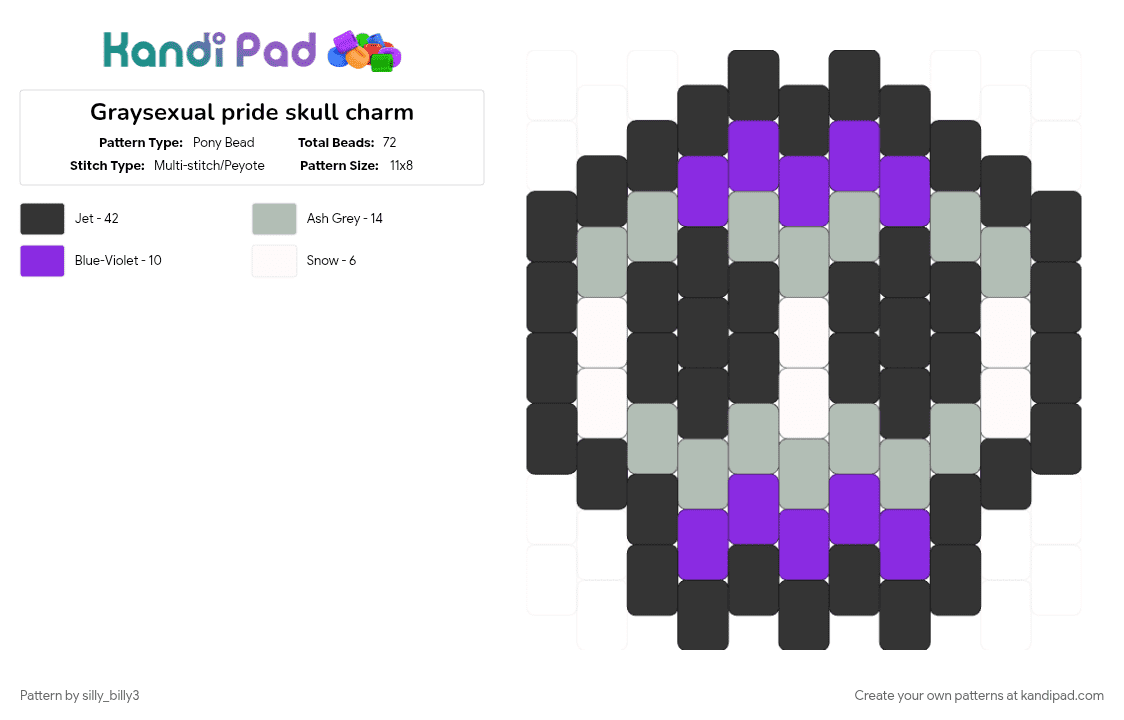 Graysexual pride skull charm - Pony Bead Pattern by silly_billy3 on Kandi Pad - beige, black, charm, graysexual, lgbtq, pride, purple, skull
