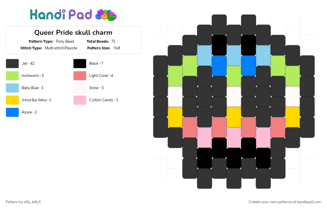 Queer Pride skull charm - Pony Bead Pattern by silly_billy3 on Kandi Pad - black, charm, green, lgbtq, pride, pride flag, queer, red, skull