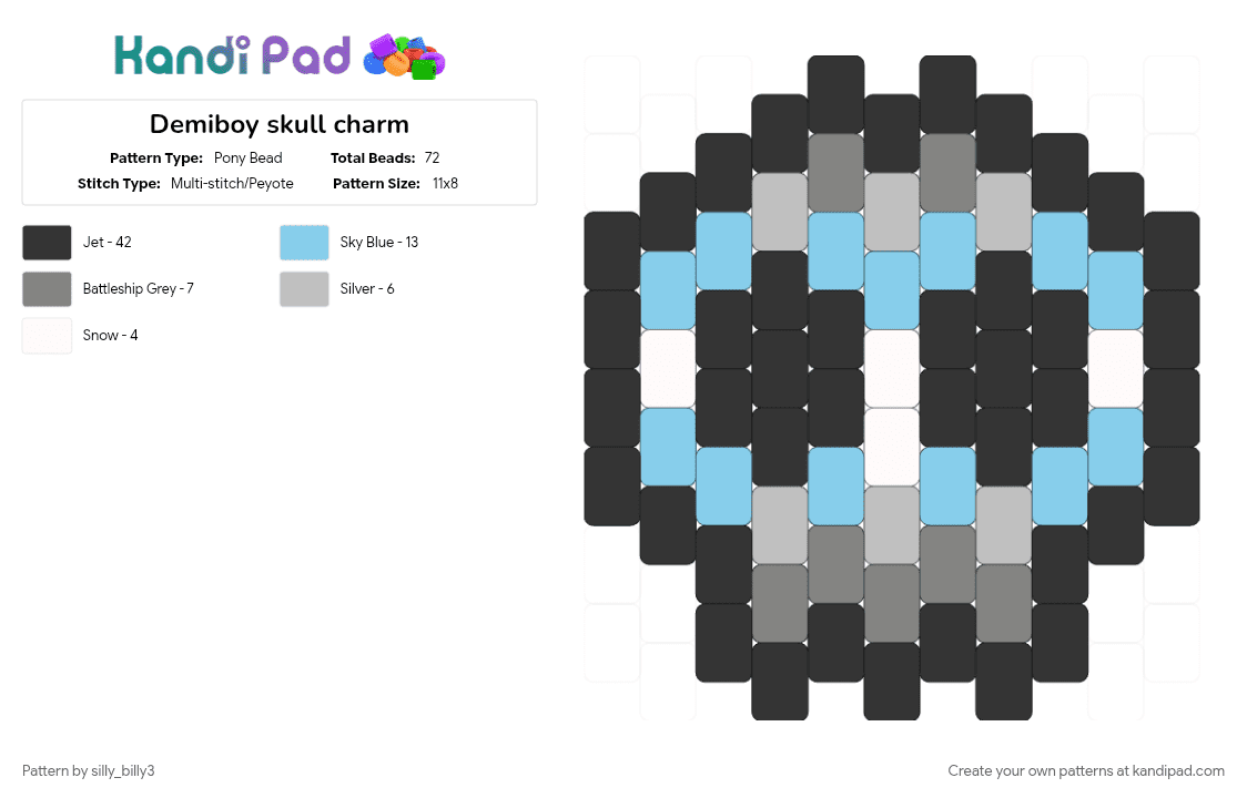 Demiboy skull charm - Pony Bead Pattern by silly_billy3 on Kandi Pad - black, charm, keychain, light blue, pride, pride flag, skull, spooky