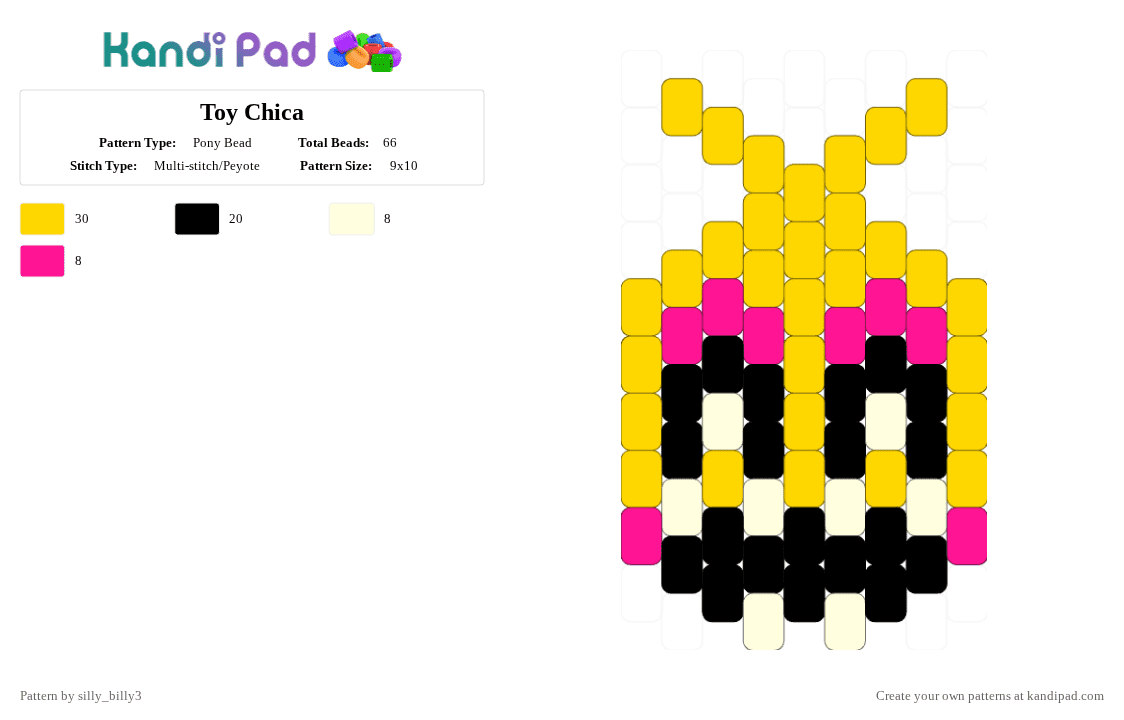 Toy Chica - Pony Bead Pattern by silly_billy3 on Kandi Pad - yellow,fnaf,five nights at freddys,toy chica,chica,fnaf 2,spooky,charm,video game
