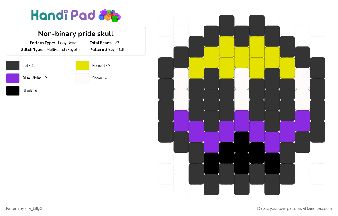 Non-binary pride skull - Pony Bead Pattern by silly_billy3 on Kandi Pad - black, charm, lgbtq, non binary, pride, purple, skull, yellow