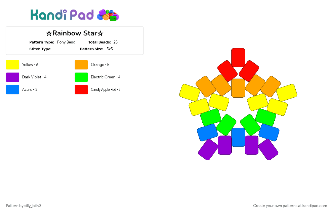 ☆Rainbow Star☆ - Pony Bead Pattern by silly_billy3 on Kandi Pad - charm, cute, green, orange, pride, purple, rainbow, small, star, yellow
