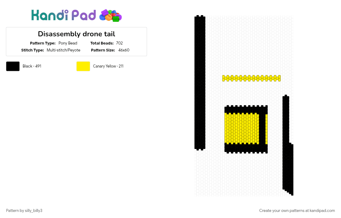 Disassembly drone tail - Pony Bead Pattern by silly_billy3 on Kandi Pad - advanced, black, character, disassembly drone, emo, glitch, murder drones, tail, yellow