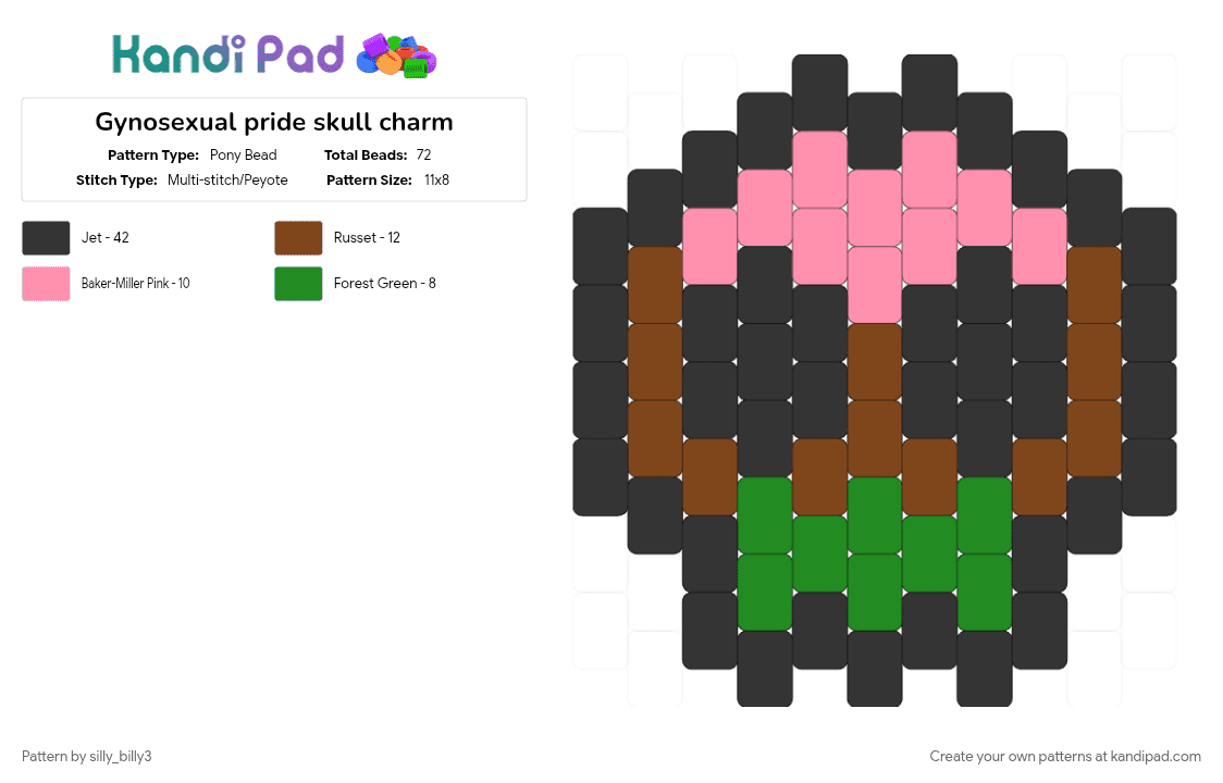 Gynosexual pride skull charm - Pony Bead Pattern by silly_billy3 on Kandi Pad - black, brown, charm, gynosexual, lgbtq, pink, pride, skull