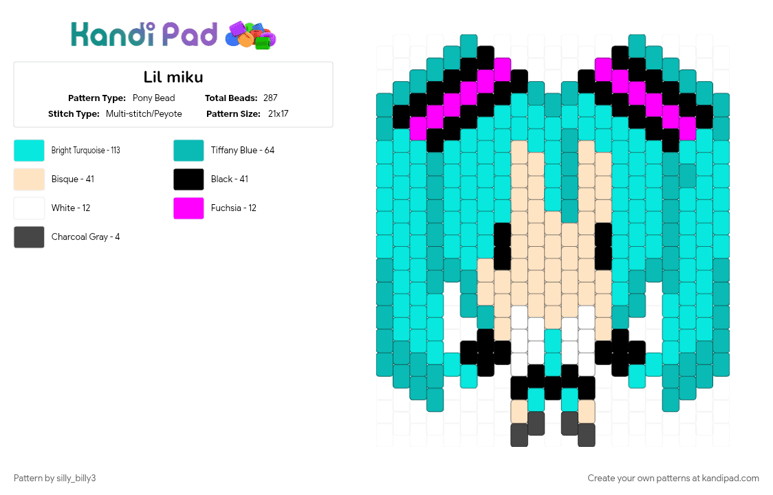 Lil miku - Pony Bead Pattern by silly_billy3 on Kandi Pad - anime, character, charm, cute, hatsune miku, keychain, light blue, miku, teal, vocaloid