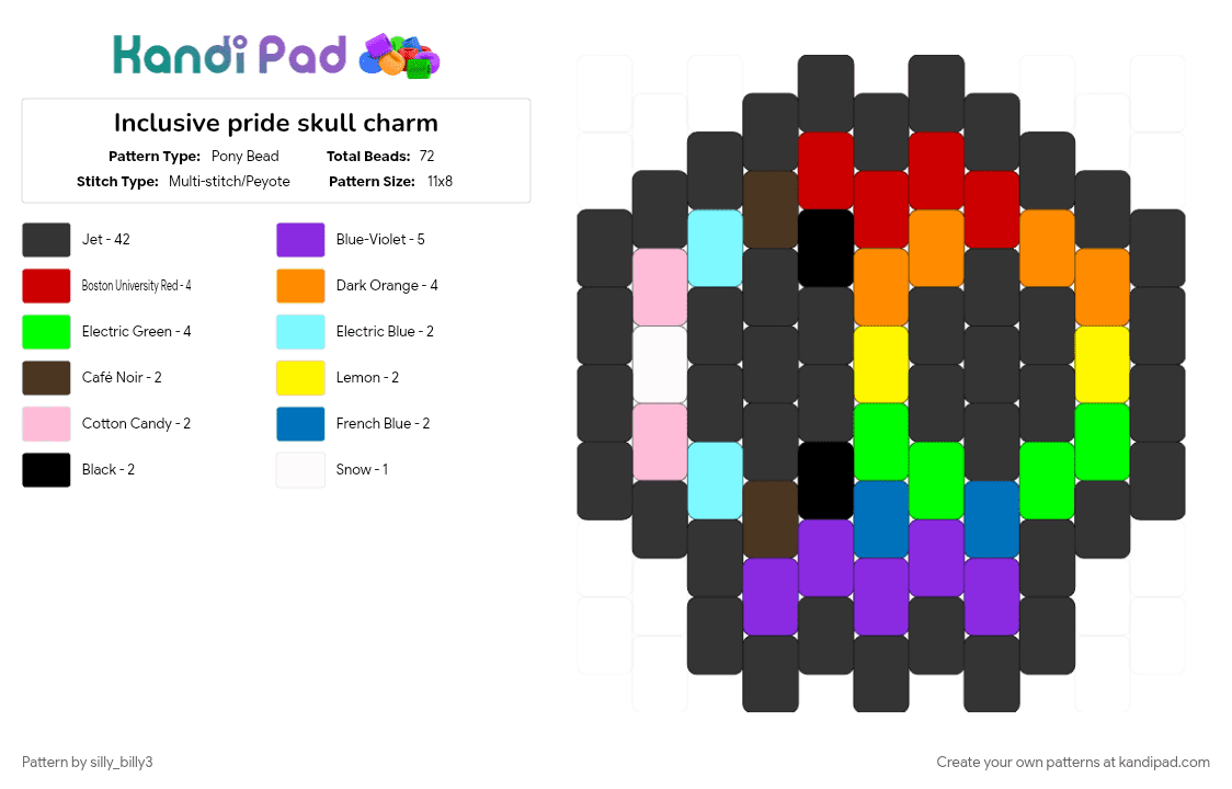 Inclusive pride skull charm - Pony Bead Pattern by silly_billy3 on Kandi Pad - black, charm, colorful, inclusive, lgbtq, orange, pride, pride flag, purple, skull