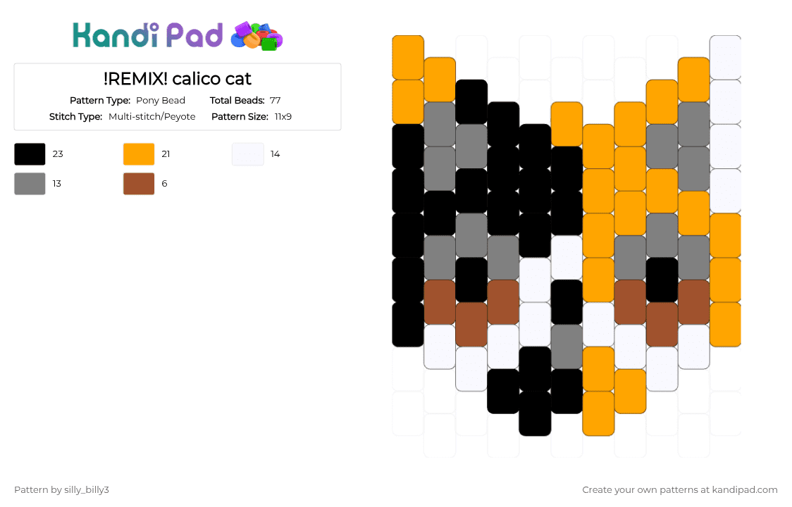 !REMIX! calico cat - Pony Bead Pattern by silly_billy3 on Kandi Pad - calico cat, cat, charm, cute, gray, orange, otherpaw, therian