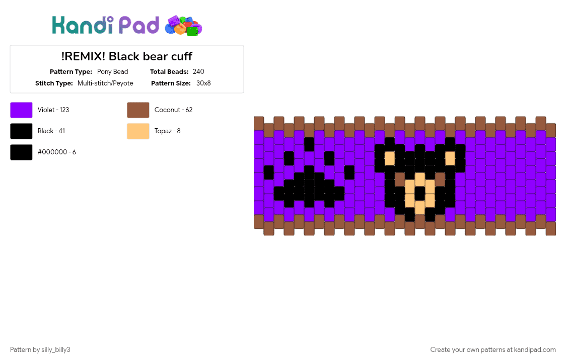 !REMIX! Black bear cuff - Pony Bead Pattern by silly_billy3 on Kandi Pad - animal, bear, black bear, cuff pattern, peyote, purple, tan, therian