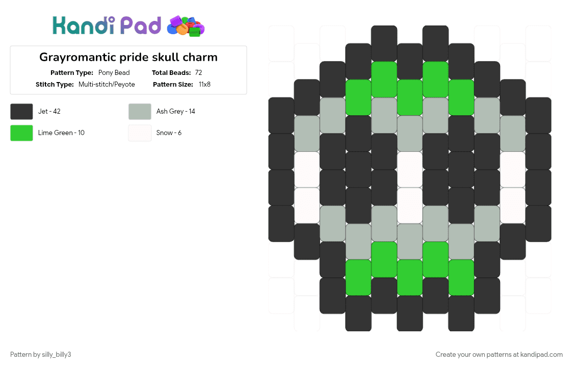 Grayromantic pride skull charm - Pony Bead Pattern by silly_billy3 on Kandi Pad - aromantic, beige, black, charm, grayromantic, green, pride, pride flag, skull, spooky