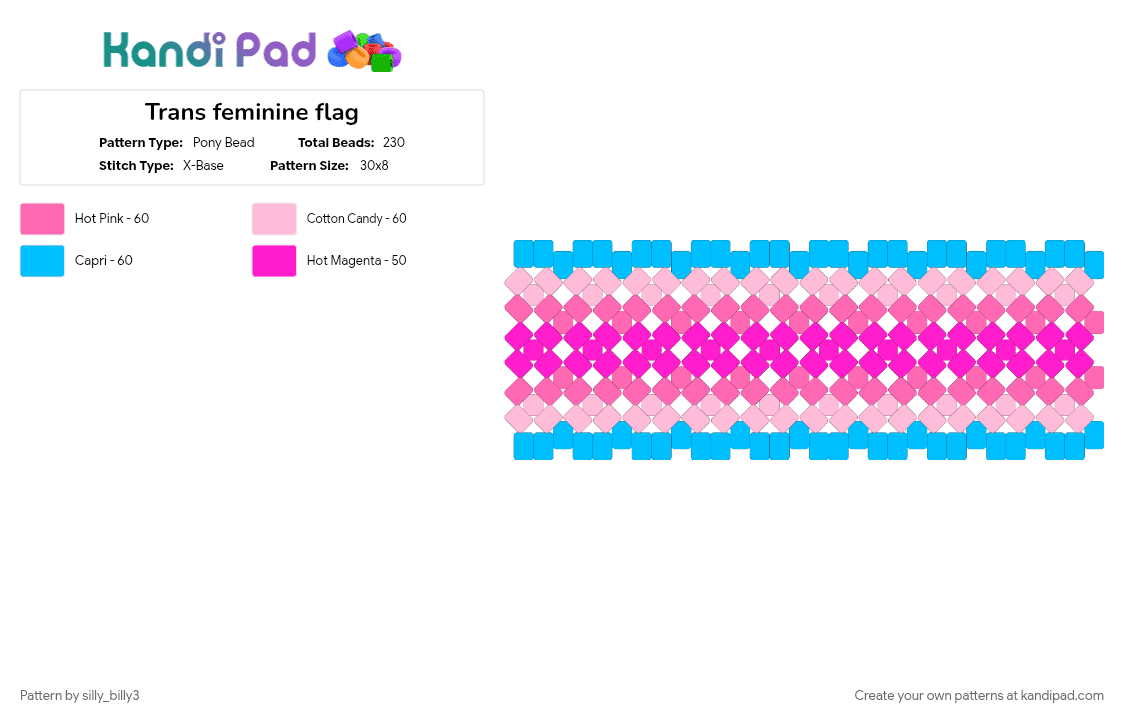 Trans feminine flag - Pony Bead Pattern by silly_billy3 on Kandi Pad - cuff, light blue, pink, pride, pride flag, transfem, transgender, x base