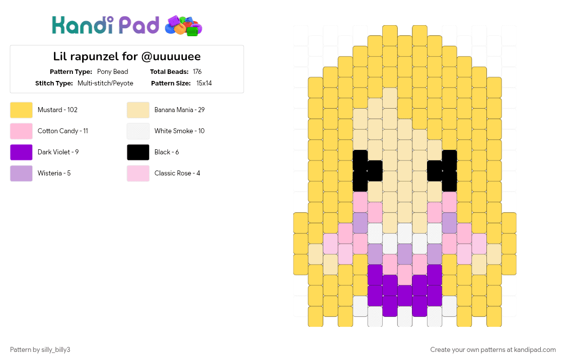 Lil rapunzel for @uuuuuee - Pony Bead Pattern by silly_billy3 on Kandi Pad - character, charm, disney, movie, princess, rapunzel, yellow