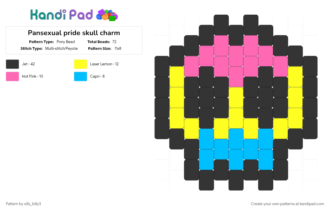 Pansexual pride skull charm - Pony Bead Pattern by silly_billy3 on Kandi Pad - black, charm, lgbtq, pansexual, pink, pride, skull, yellow