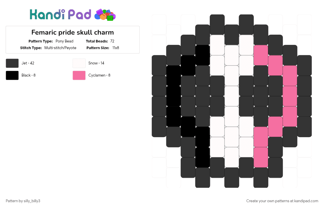 Femaric pride skull charm - Pony Bead Pattern by silly_billy3 on Kandi Pad - black, charm, femaric, lgbtq, pink, pride, skull, white