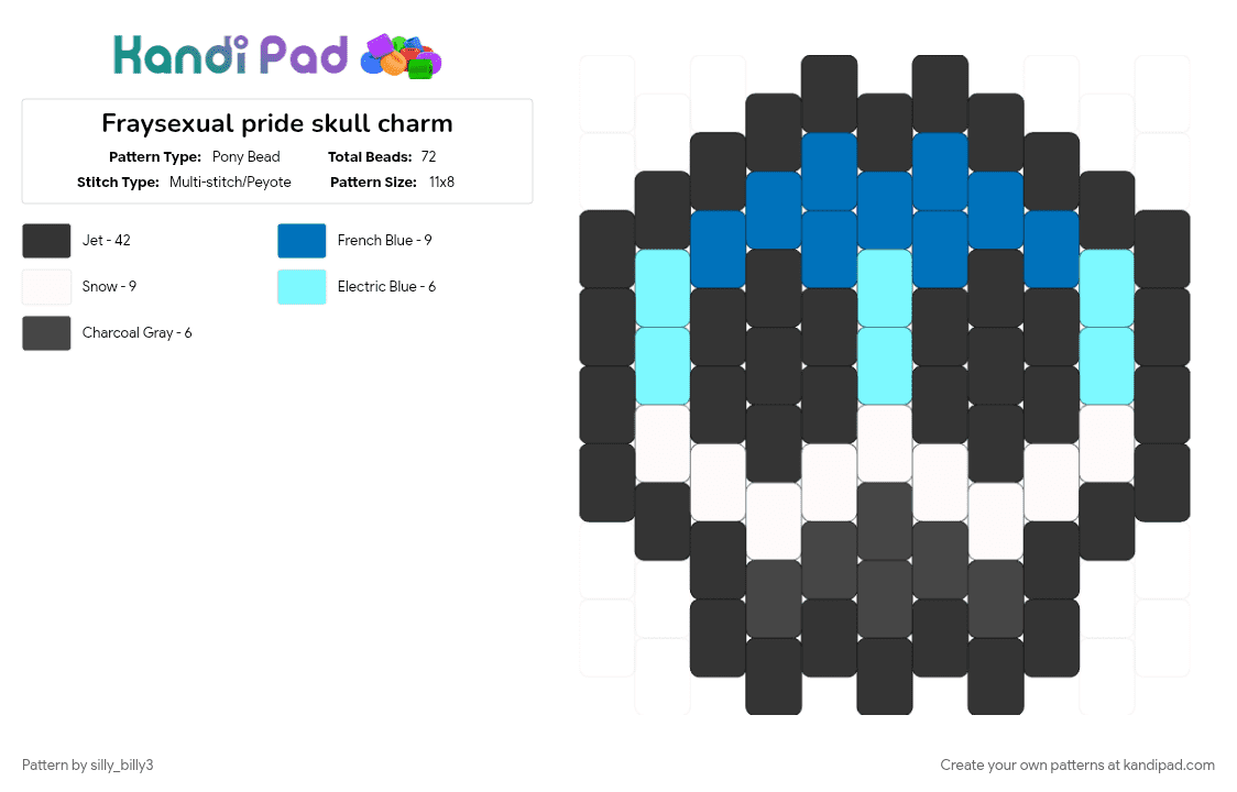 Fraysexual pride skull charm - Pony Bead Pattern by silly_billy3 on Kandi Pad - black, blue, charm, fraysexual, lgbtq, pride, skull