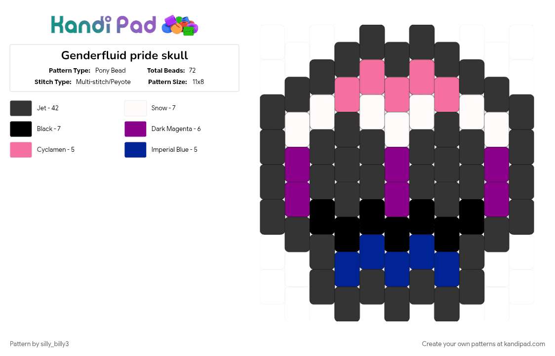 Genderfluid pride skull - Pony Bead Pattern by silly_billy3 on Kandi Pad - black, charm, genderfluid, lgbtq, pink, pride, purple, skull