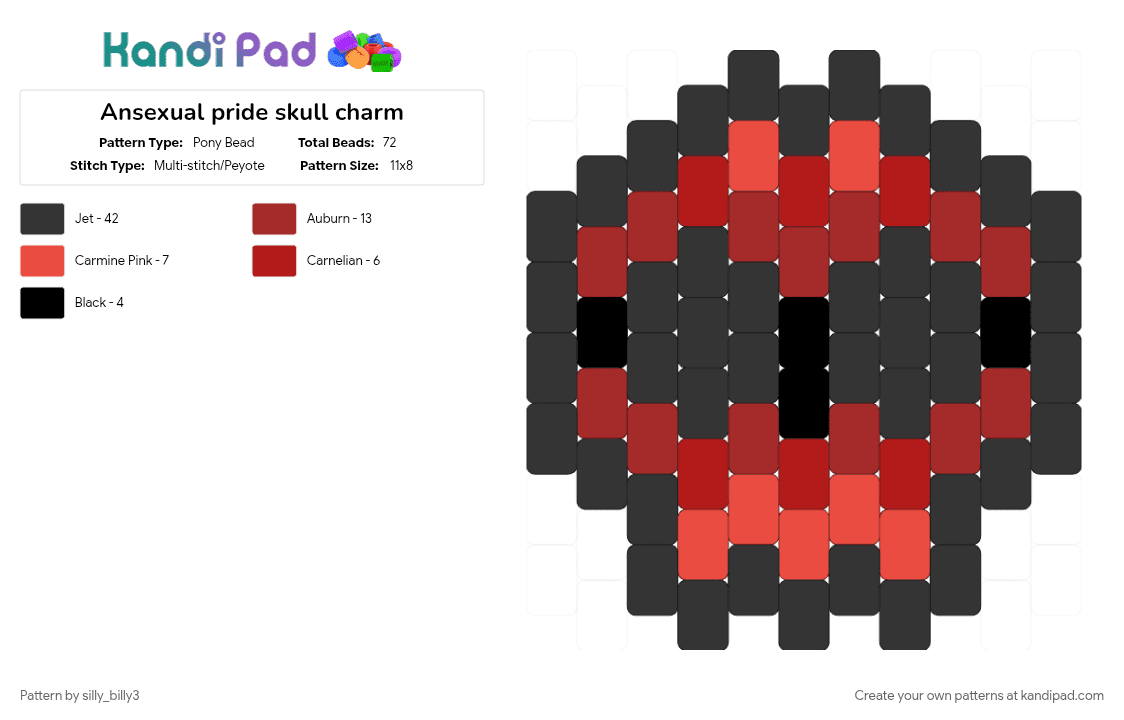 Ansexual pride skull charm - Pony Bead Pattern by silly_billy3 on Kandi Pad - ansexual, black, charm, lgbtq, pride, red, skull