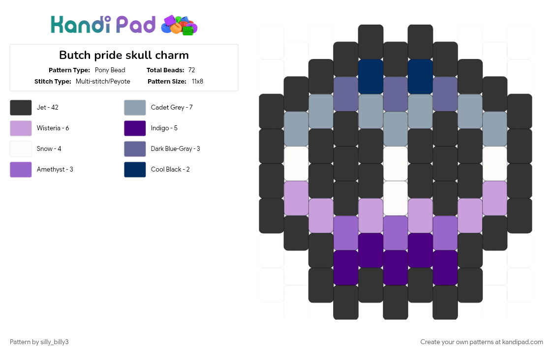Butch pride skull charm - Pony Bead Pattern by silly_billy3 on Kandi Pad - black, butch, charm, gray, lgbtq, pride, purple, skull