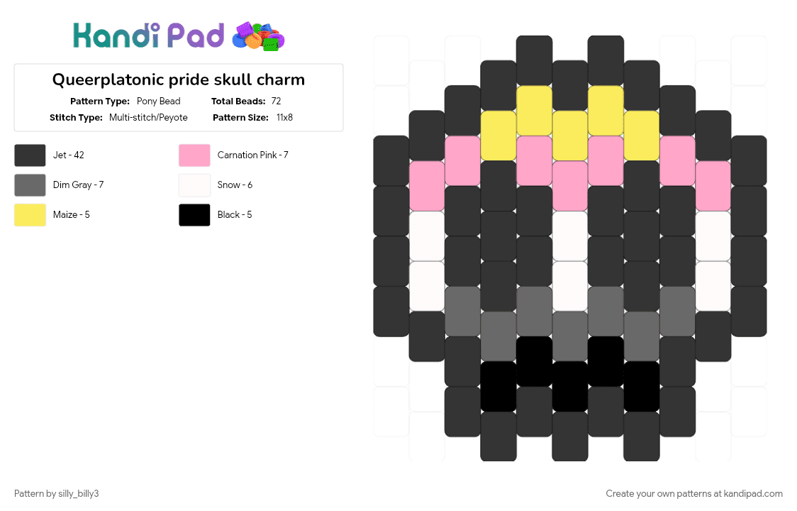 Queerplatonic pride skull charm - Pony Bead Pattern by silly_billy3 on Kandi Pad - black, charm, gray, lgbtq, pink, pride, queerplatonic, skull
