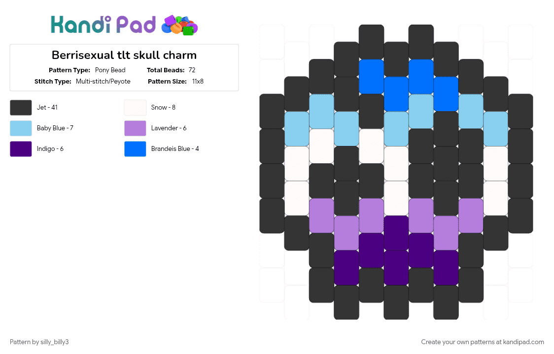 Berrisexual tlt skull charm for @-puppet_b1tch- - Pony Bead Pattern by silly_billy3 on Kandi Pad - berrisexual, black, charm, light blue, pink, pride, purple, skull, the living tombstone, tlt