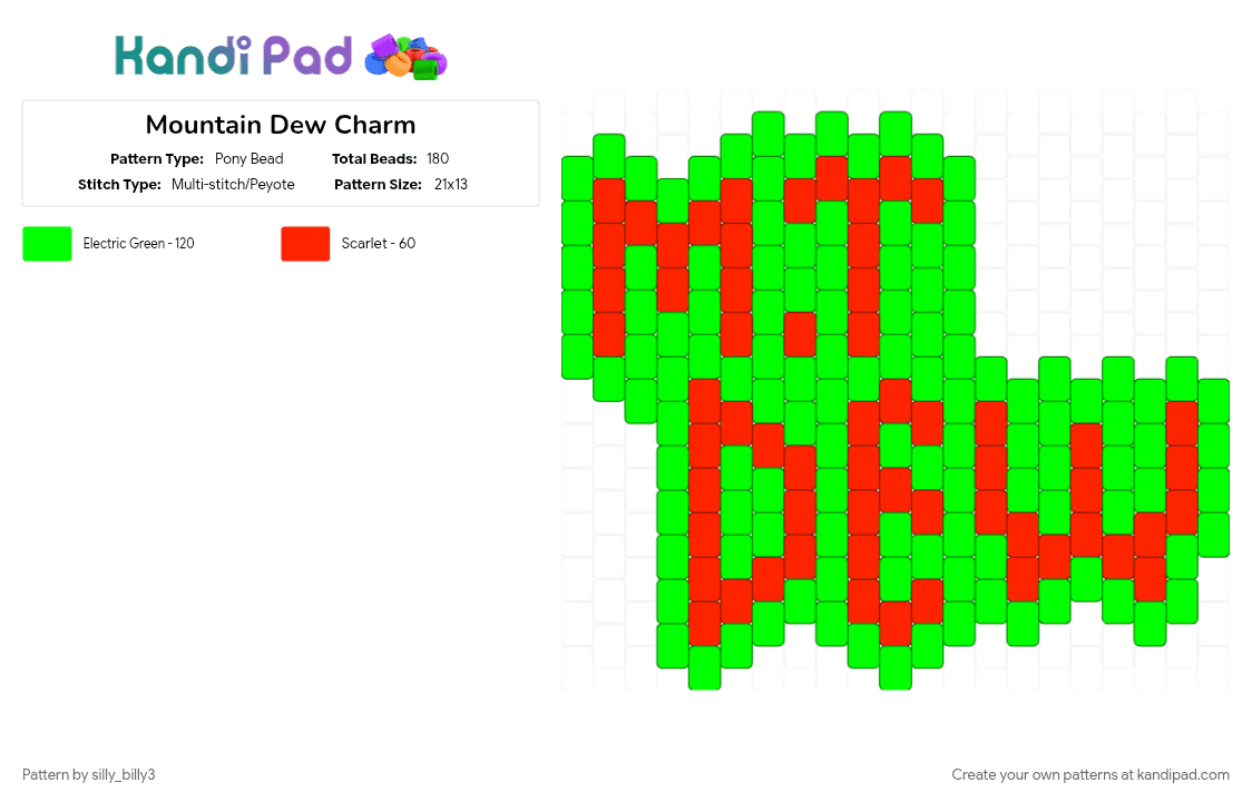 Mountain Dew Charm - Pony Bead Pattern by silly_billy3 on Kandi Pad - brand, charm, food, green, keychain, mountain dew, pop, red, soda, words
