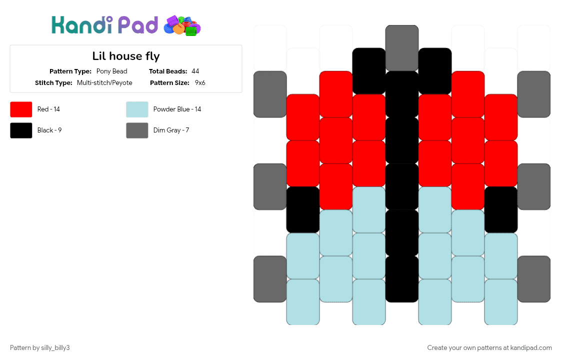 Lil house fly - Pony Bead Pattern by silly_billy3 on Kandi Pad - animal, bug, charm, cute, fly, insect, light blue, red, small