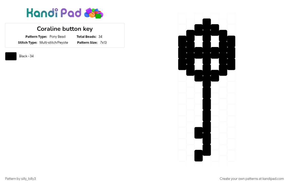 Coraline button key - Pony Bead Pattern by silly_billy3 on Kandi Pad - black, button, cartoon, charm, coraline, cotdembroidered, key, keychain, spooky