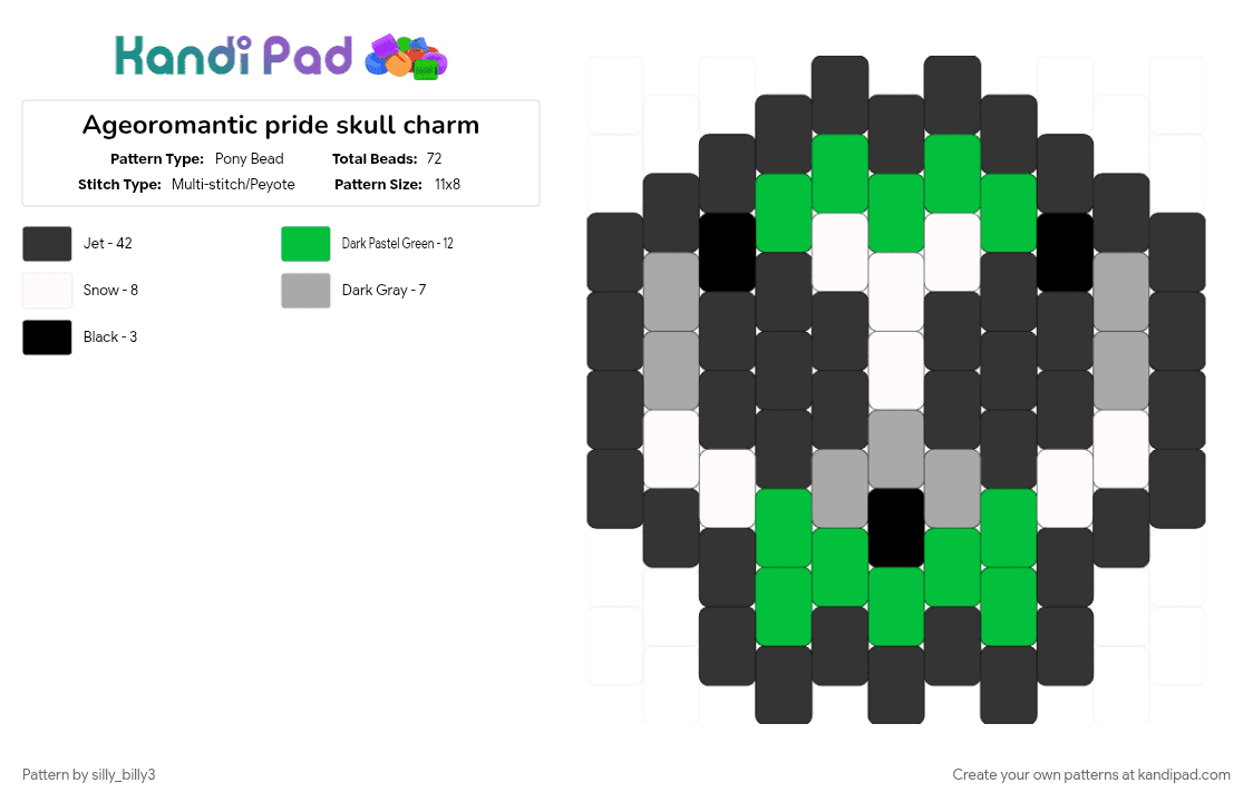 Ageoromantic pride skull charm - Pony Bead Pattern by silly_billy3 on Kandi Pad - ageoromantic, beige, black, charm, green, lgbtq, pride, skull