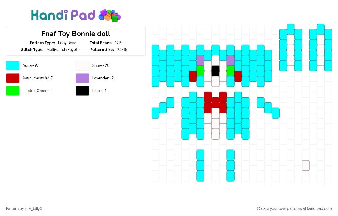 Fnaf Toy Bonnie doll - Pony Bead Pattern by silly_billy3 on Kandi Pad - bonnie, character, cotdcollectibles, doll, five nights at freddys, fnaf, light blue, toy bonnie, video game