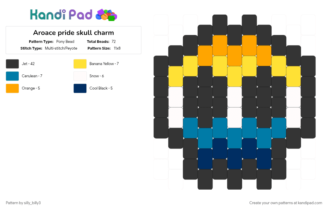 Aroace pride skull charm - Pony Bead Pattern by silly_billy3 on Kandi Pad - aroace, black, blue, charm, lgbtq, pride, skull