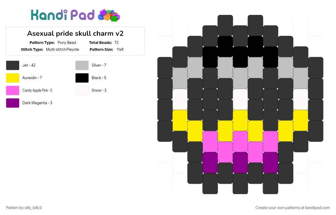 Asexual pride skull charm v2 - Pony Bead Pattern by silly_billy3 on Kandi Pad - asexual, black, charm, lgbtq, pink, pride, skull
