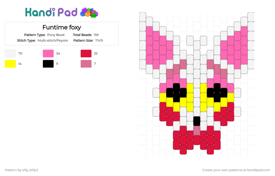 Funtime foxy - Pony Bead Pattern by silly_billy3 on Kandi Pad - pink,funtime foxy,fnaf,five nights at freddys,fnaf 5,cute,charm,video game