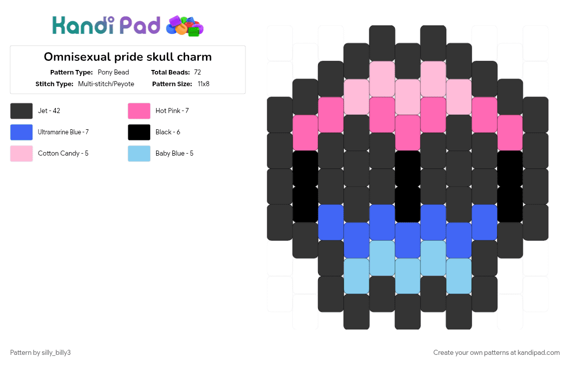 Omnisexual pride skull charm - Pony Bead Pattern by silly_billy3 on Kandi Pad - black, charm, lgbtq, omnisexual, pink, pride, skull