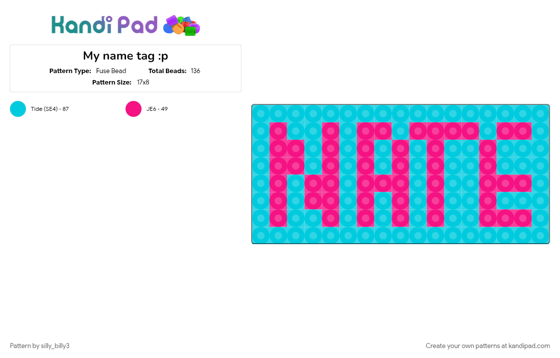My name tag :p - Fuse Bead Pattern by silly_billy3 on Kandi Pad - charm, collar, light blue, me, name, nate, perler beads, pink, tag, text