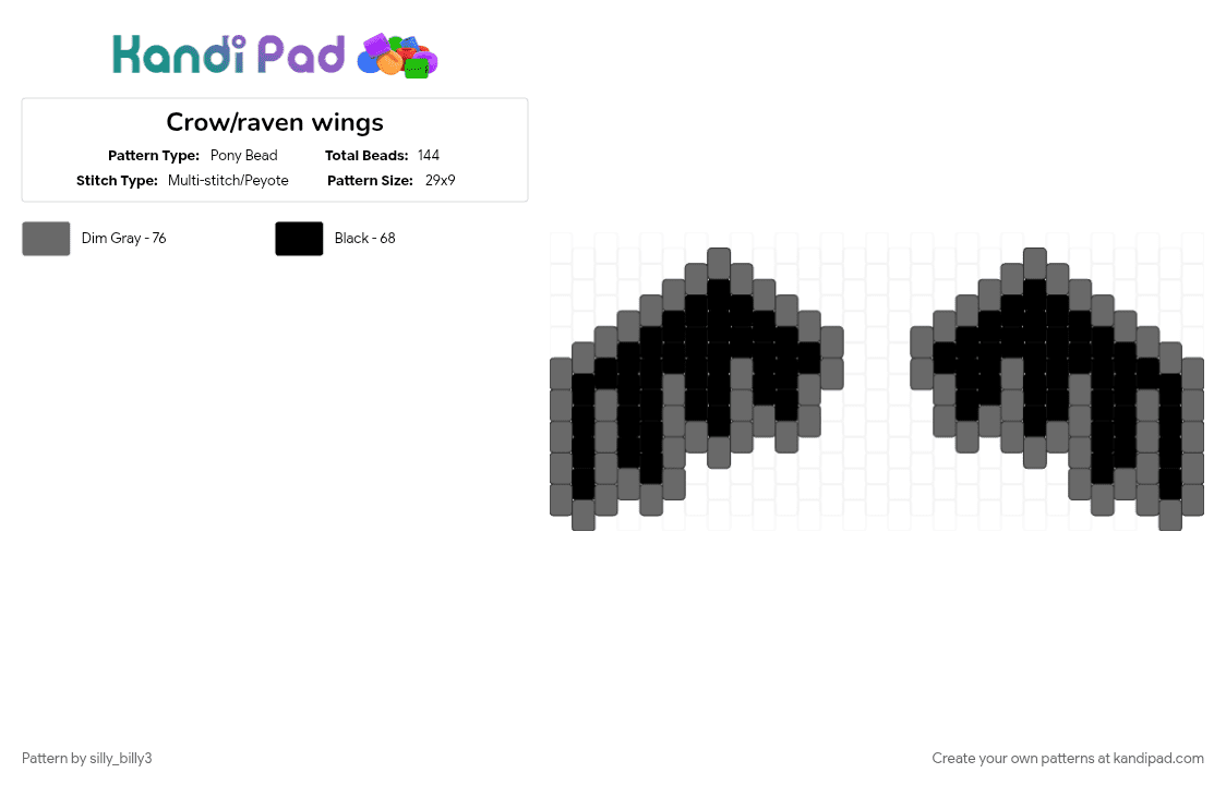 Crow/raven wings - Pony Bead Pattern by silly_billy3 on Kandi Pad - bird, black, charm, cotdbirds, crow, gray, keychain, raven