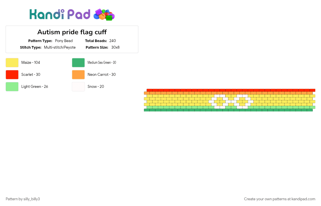 Autism pride flag cuff - Pony Bead Pattern by silly_billy3 on Kandi Pad - autism, autism flag, cuffs, disability, flag, pride, yellow