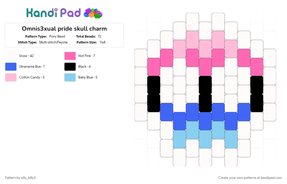Omnisexual pride skull charm - Pony Bead Pattern by silly_billy3 on Kandi Pad - charm, lgbtq, omnisexual, pink, pride, skull, white