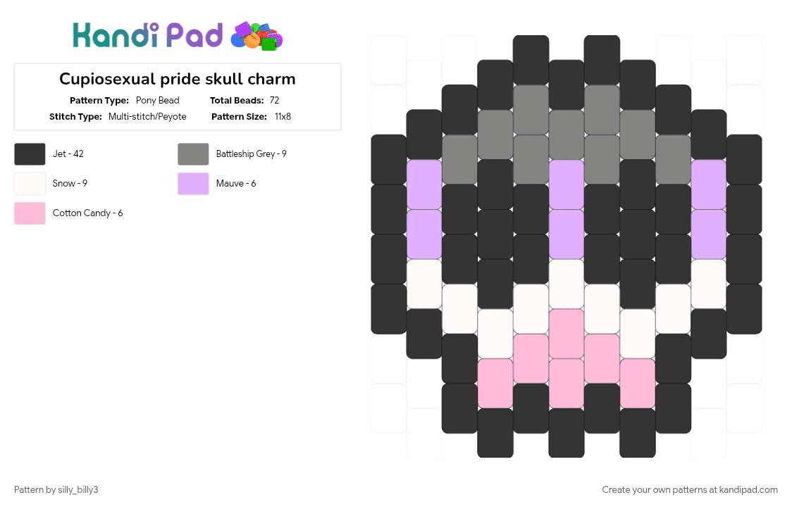 Cupiosexual pride skull charm - Pony Bead Pattern by silly_billy3 on Kandi Pad - black, charm, cupiosexual, gray, lgbtq, pink, pride, skull