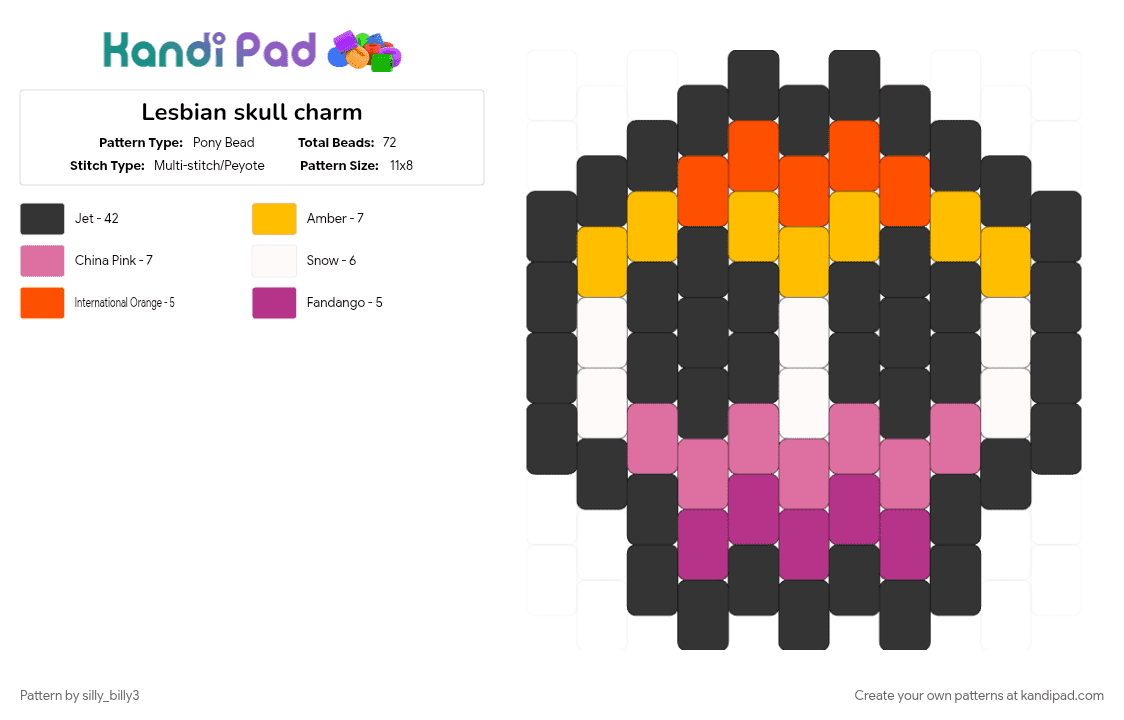 Lesbian skull charm - Pony Bead Pattern by silly_billy3 on Kandi Pad - black, charm, keychain, lesbian, lgbtqia, pink, pride, skull