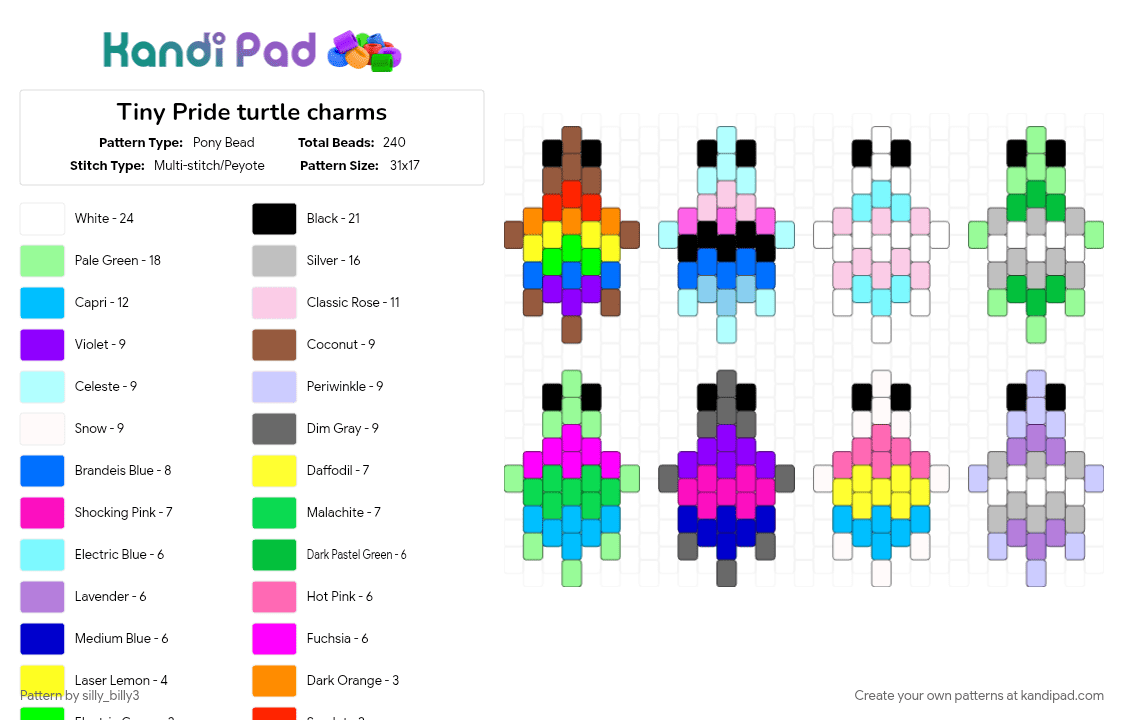 Tiny Pride turtle charms - Pony Bead Pattern by silly_billy3 on Kandi Pad - animal, charm, colorful, cute, light blue, love, pink, pride, sea animal, small, teal, turtle