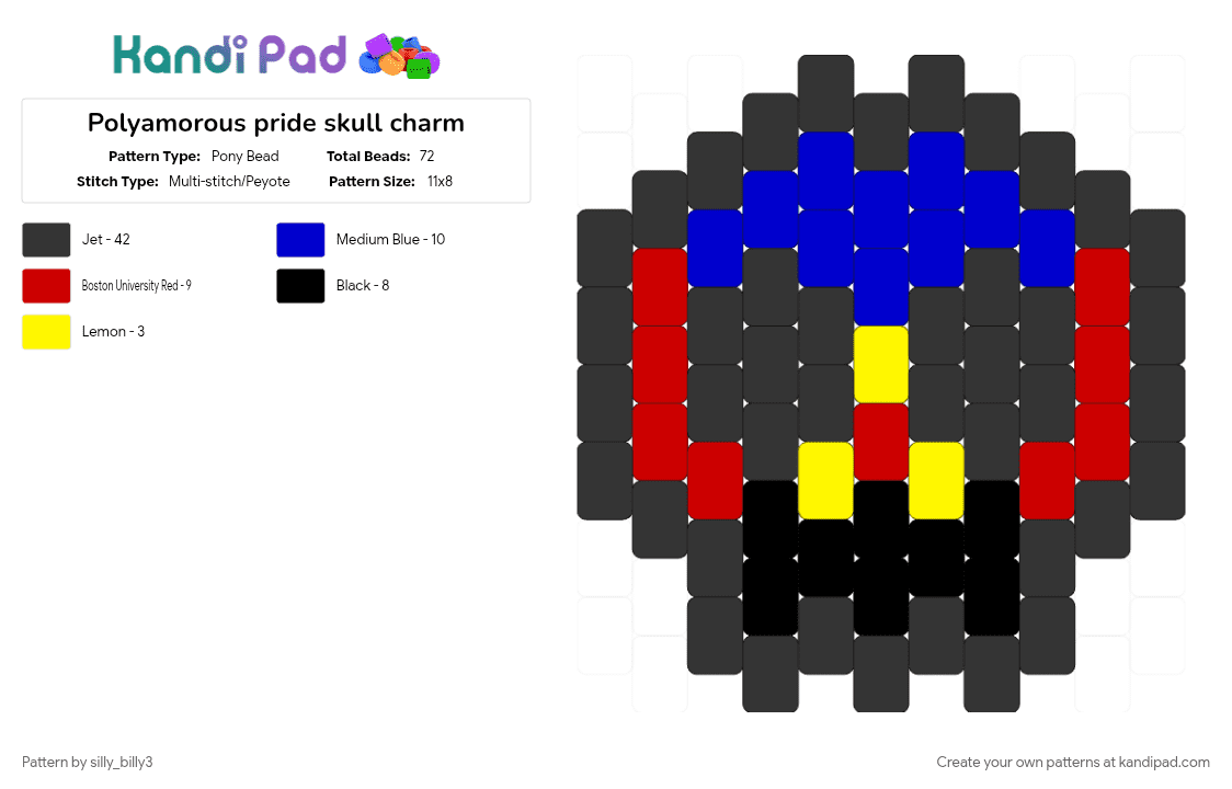 Polyamorous pride skull charm - Pony Bead Pattern by silly_billy3 on Kandi Pad - black, charm, lgbtq, polyamorous, pride, purple, red, skull