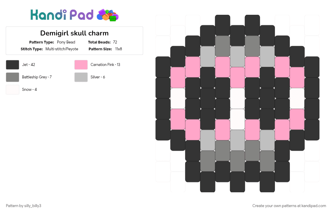 Demigirl skull charm - Pony Bead Pattern by silly_billy3 on Kandi Pad - black, charm, demigirl, keychain, pink, pride, pride flag, skull