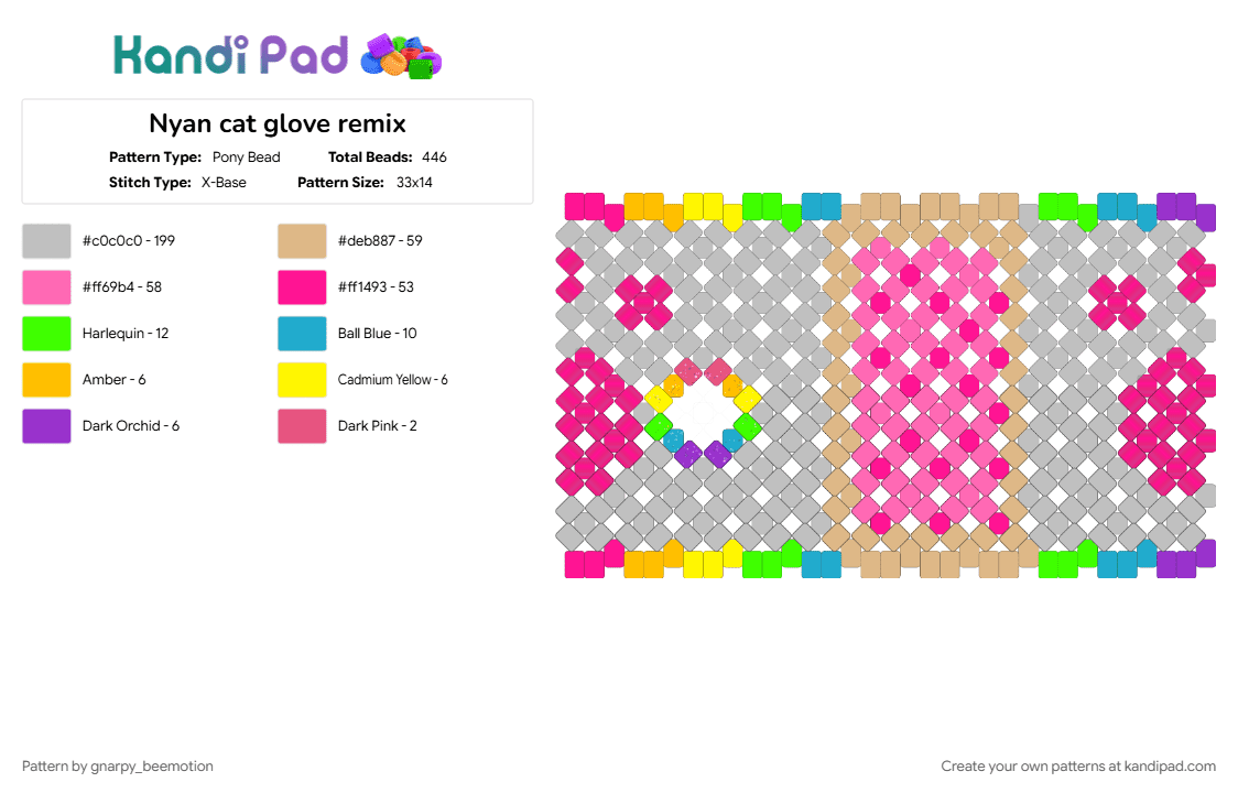 Nyan cat glove remix - Pony Bead Pattern by gnarpy_beemotion on Kandi Pad - beige, pink