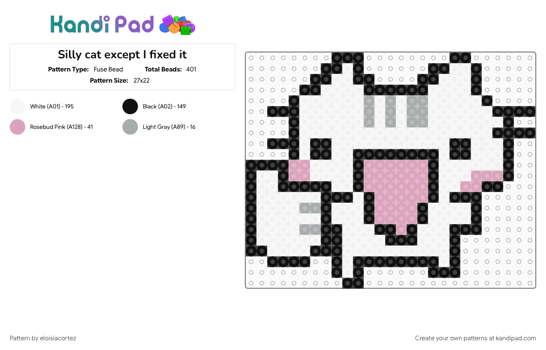 Silly cat except I fixed it - Fuse Bead Pattern by eloisiacortez on Kandi Pad - gray, pink, white