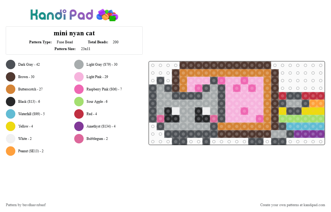 mini nyan cat - Fuse Bead Pattern by bnvdhasvnbasf on Kandi Pad - gray,pink,brown,orange