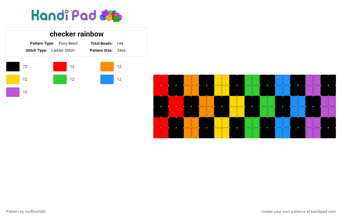 checker rainbow - Pony Bead Pattern by muffinchilld on Kandi Pad - black,orange,green,pink,colorful