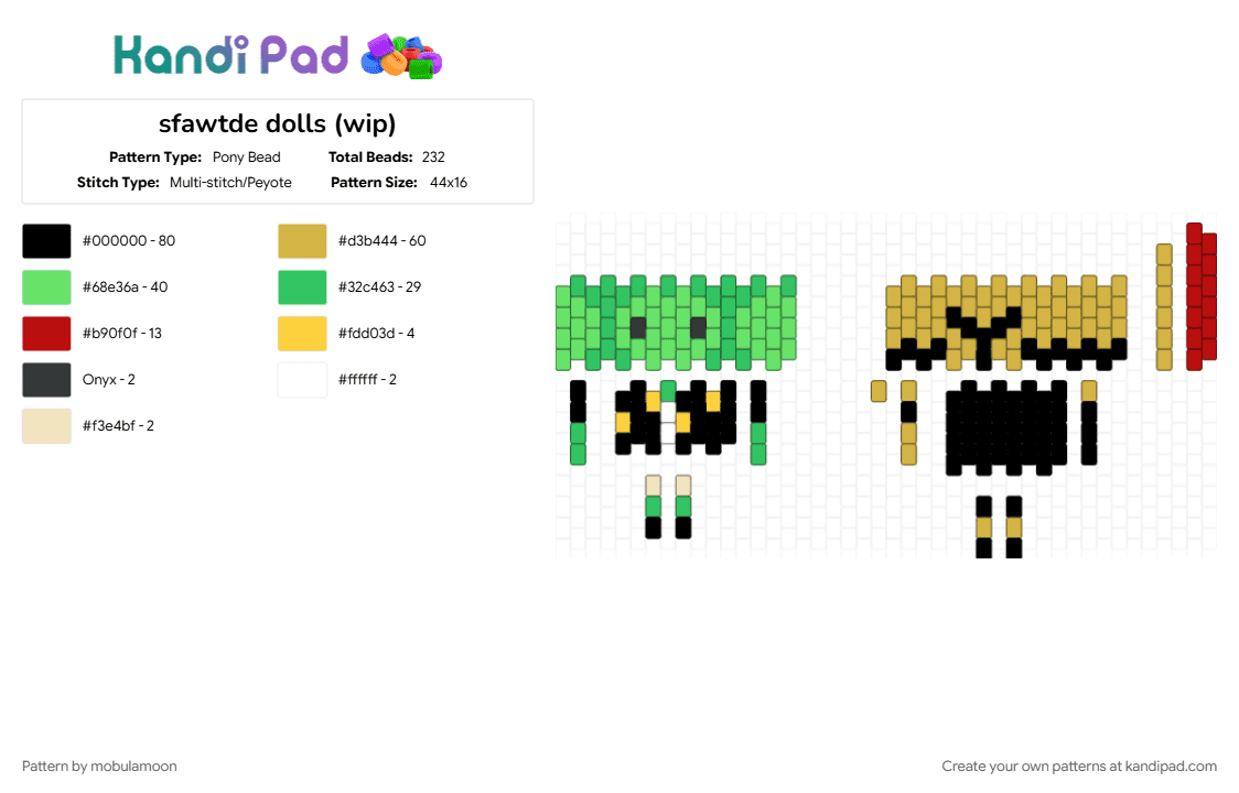 sfawtde dolls (wip) - Pony Bead Pattern by mobulamoon on Kandi Pad - green, teal, yellow